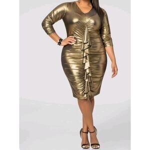 Ashley Stewart Gold Lame Ruffle Front Midi Dress sz 18/20 Metallic Cocktail Sexy